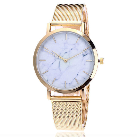 Women's casual quartz watches with an innovative marble wristwatch and a silver and gold mesh band from Vansvar